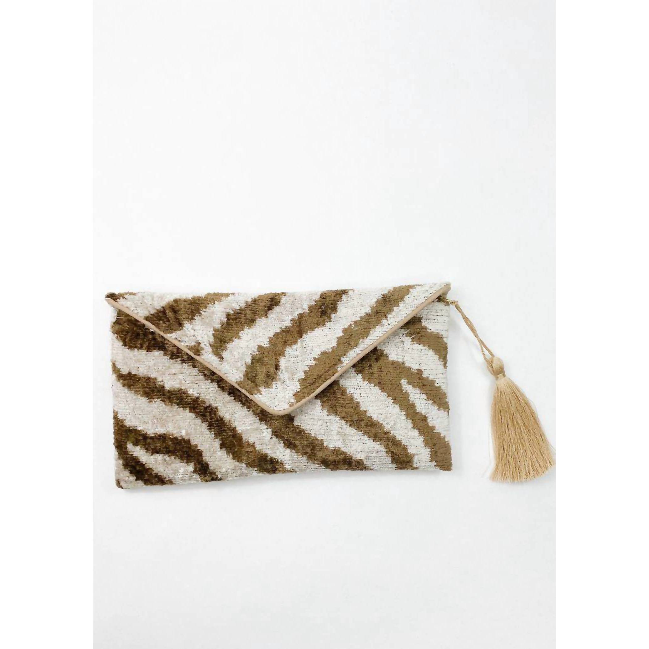 New Wolf & Willa Medium Envelope Silk Velvet Clutch In Brown Tiger